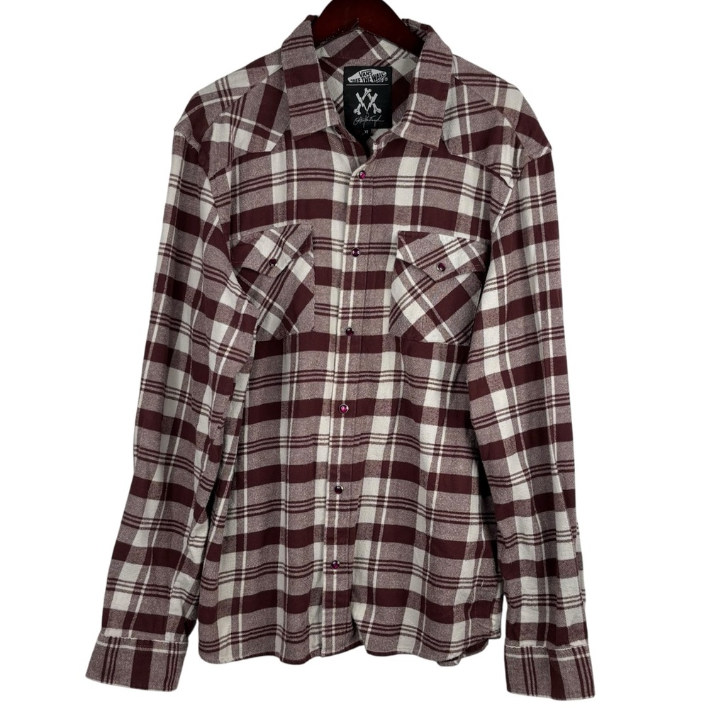 Vans x Cathy Van Engal Maroon Check Plaid Pearl Snap Down Flannel Shirt XL